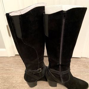 Chic black suede, side zippered boots. Size 9 1/2.